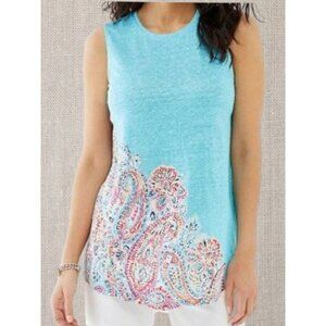 J.Jill Womens Love Linen Sleeveless Paisley Top In Teal & Pink Size Petite Small